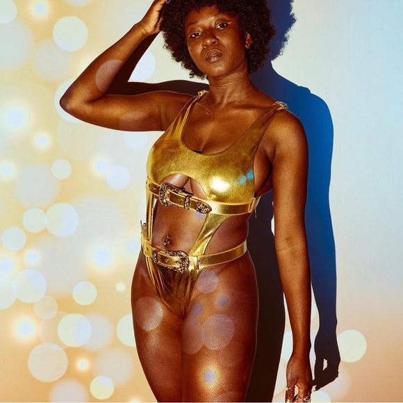 4.Double belted metallic gold one piece bikini size L - Picture 1 of 10